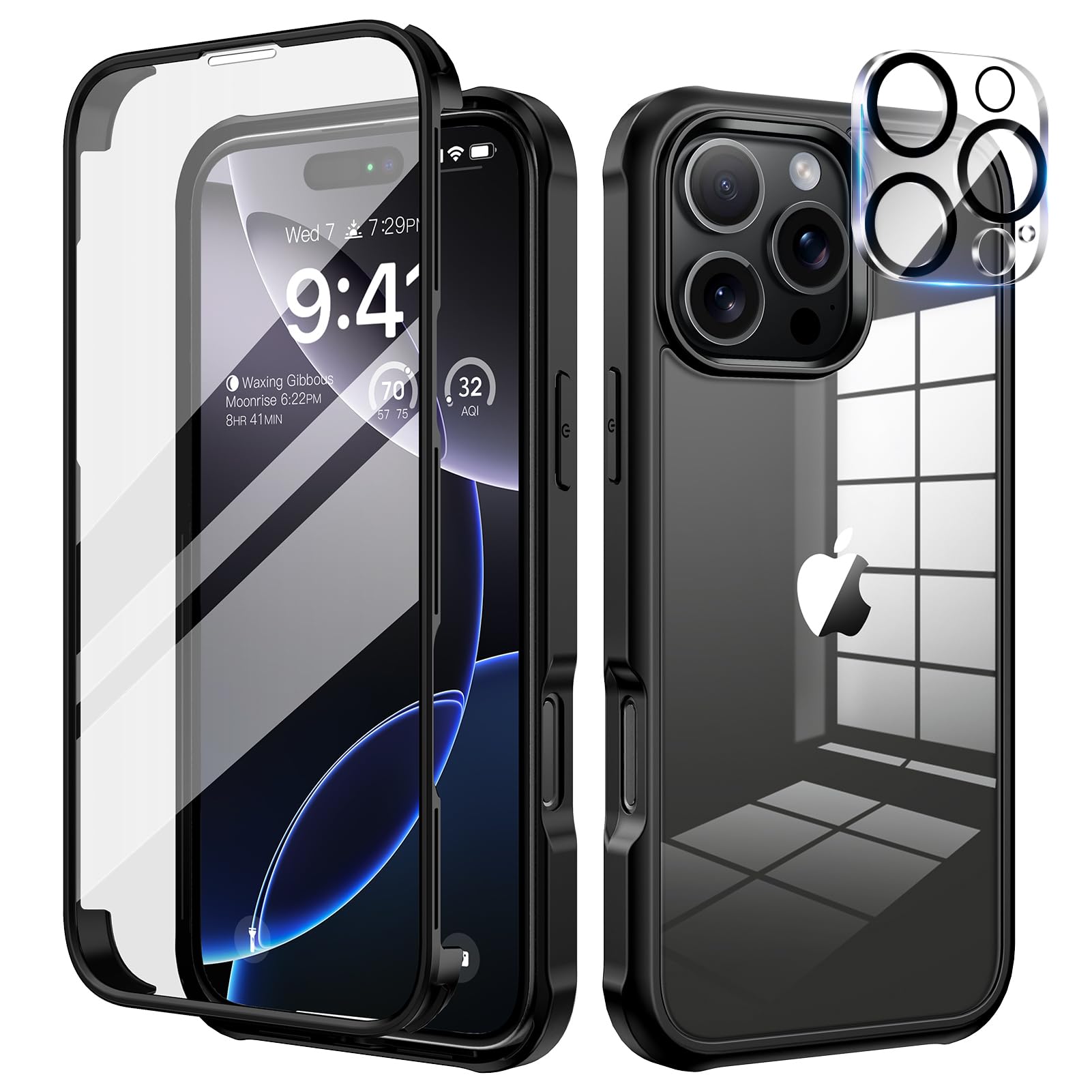 seacosmo for iPhone 16 Pro Case, Full-Body Shockproof Case [Built-in Glass Screen Protector] [Camera Lens Protector] 360° Front and Back Cover for iPhone 16 Pro 6.3 Inch - Black/Clear