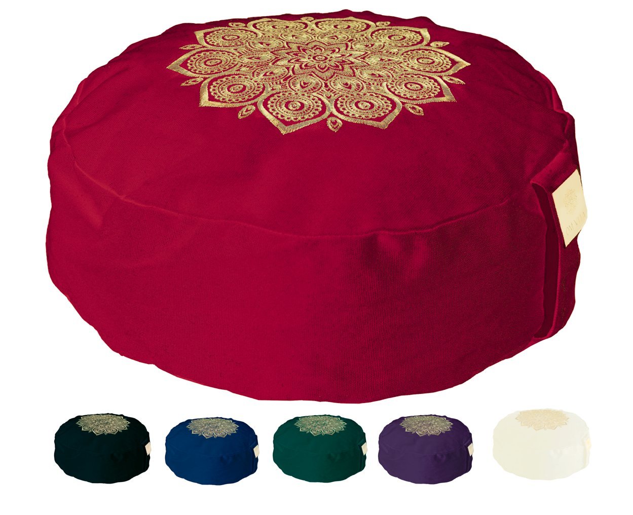 Om Vita Zafu Yoga Meditation Cushion with Washable Cover with 100% Organic Buckwheat Fill and Hand Designed Mandala Applique (Red Stitched)