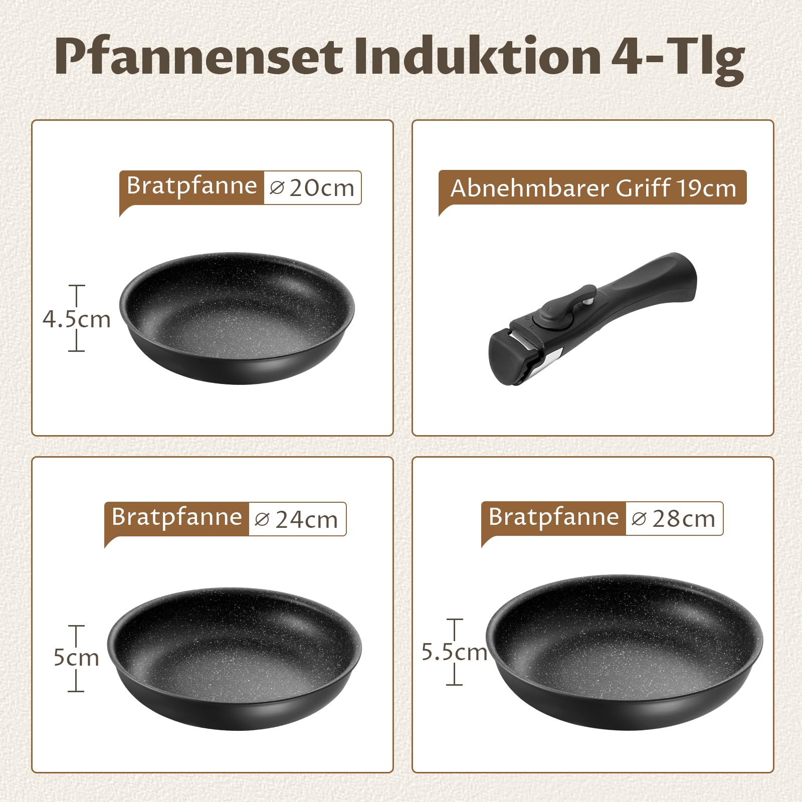 Fadware Pfannenset Induktion, Antihaftbeschichtete Bratpfanne 20, 24, 28 cm mit Abnehmbarem Griff für Kleine Küchen & Wohnmobile, Pfannen Set Stapelbar Platzsparend, für Alle Herdarten, Backofenfest 9