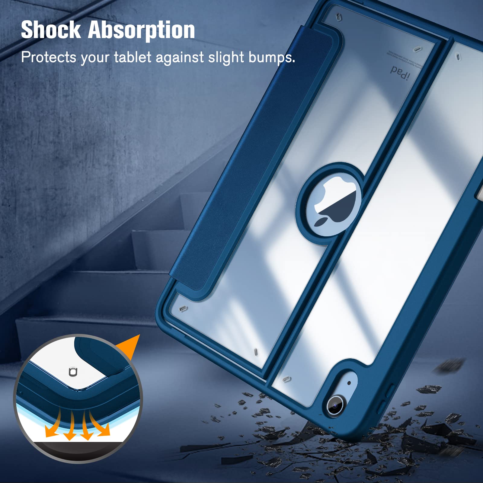 Fintie Clear Case for iPad 10th Generation 10.9 Inch Tablet (2022 Release) - Multiple Angles Viewing Shockproof Soft TPU Cover with Transparent Back Shell & Pencil Holder, Marine Blue
