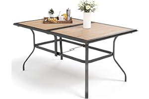 MFSTUDIO Outdoor Patio Dining Table for 6, Rectangular Furniture Table with Metal Frame and Immitation Wood Top, Outdoor Deck Backyard Garden Table with Umbrella Hole