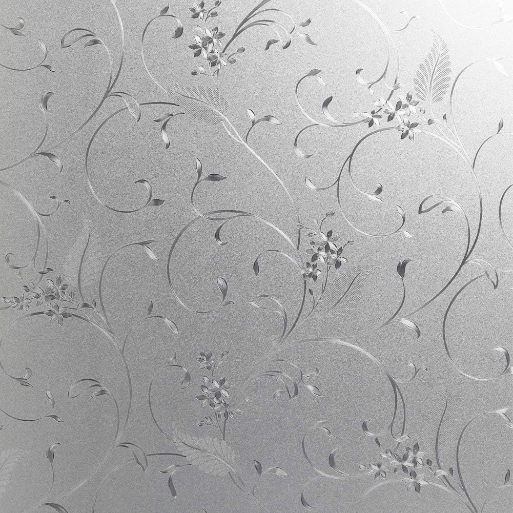 Mikomer Privacy Window Film Etched Flowers Static Cling Glass Door Film, Non Adhesive Heat Control Anti UV Window Cling for Office and Home Decoration,23.6 inches by 118 inches