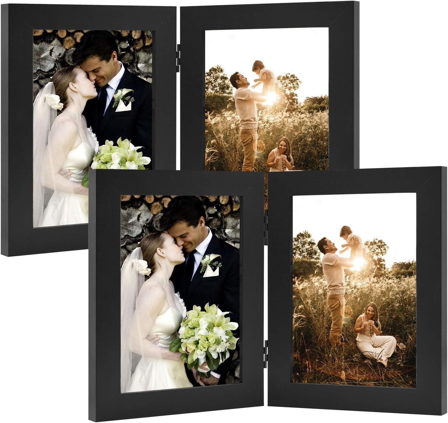 Golden State Art, 5x7 Double Picture Frame Vertical Hinged Photo Frame 2 Opening Folding Family Frames Collage, with Real Glass (5x7, Black, 2-Pack)