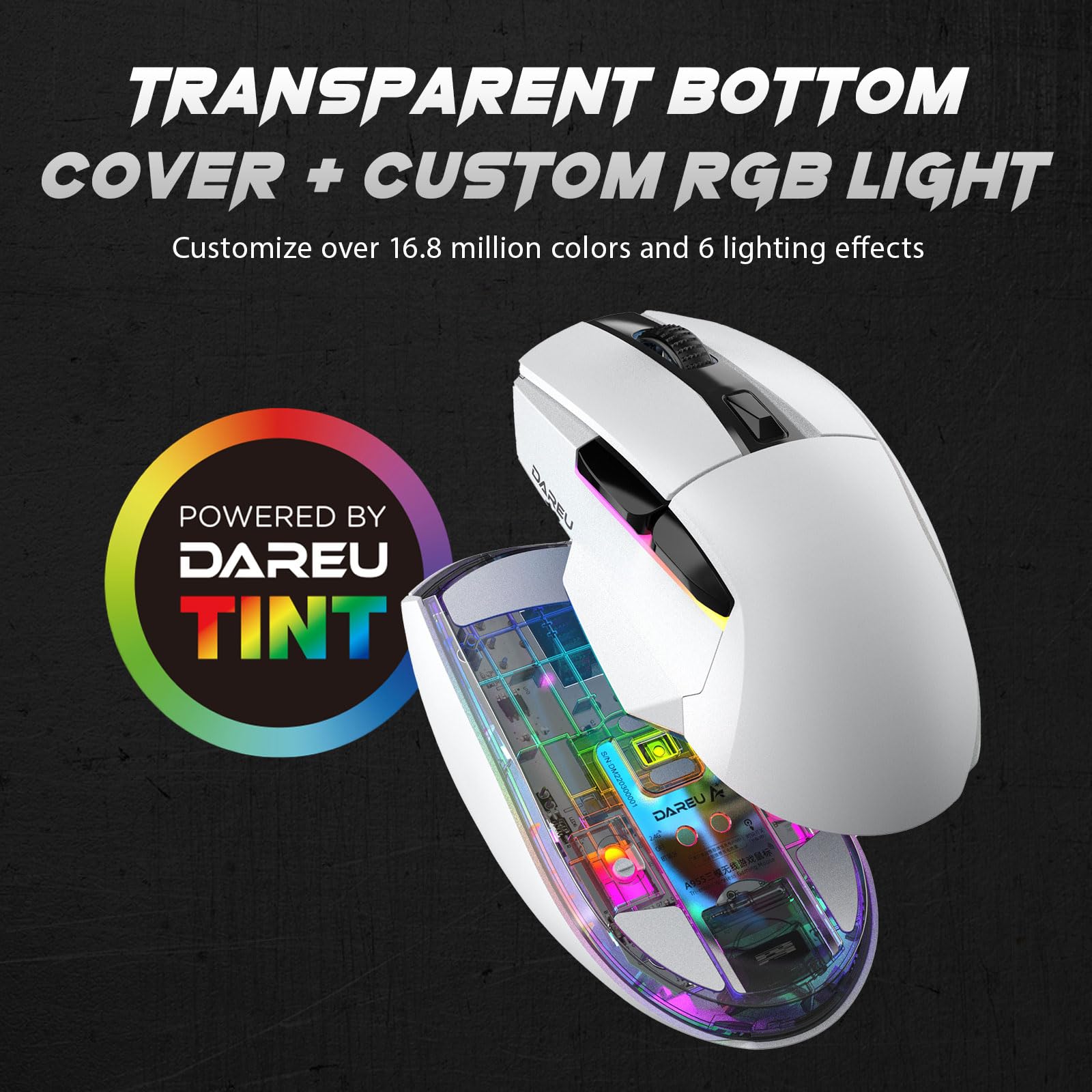 DAREU A955 Wireless Gaming Mouse with RGB Charging Dock: Tri-Mode 2.4G/USB-C/BT Mouse Up to 12K DPI Optical Sensor -KBS II Buttons Fully Programmable- 120 Hr Battery