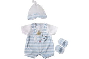 JC Toys | Berenguer Boutique | Baby Doll Outfit | Blue Stripes and White Overall Shorts | Includes Headband and Booties | Ages 2+ | Fits Dolls 14"- 16"
