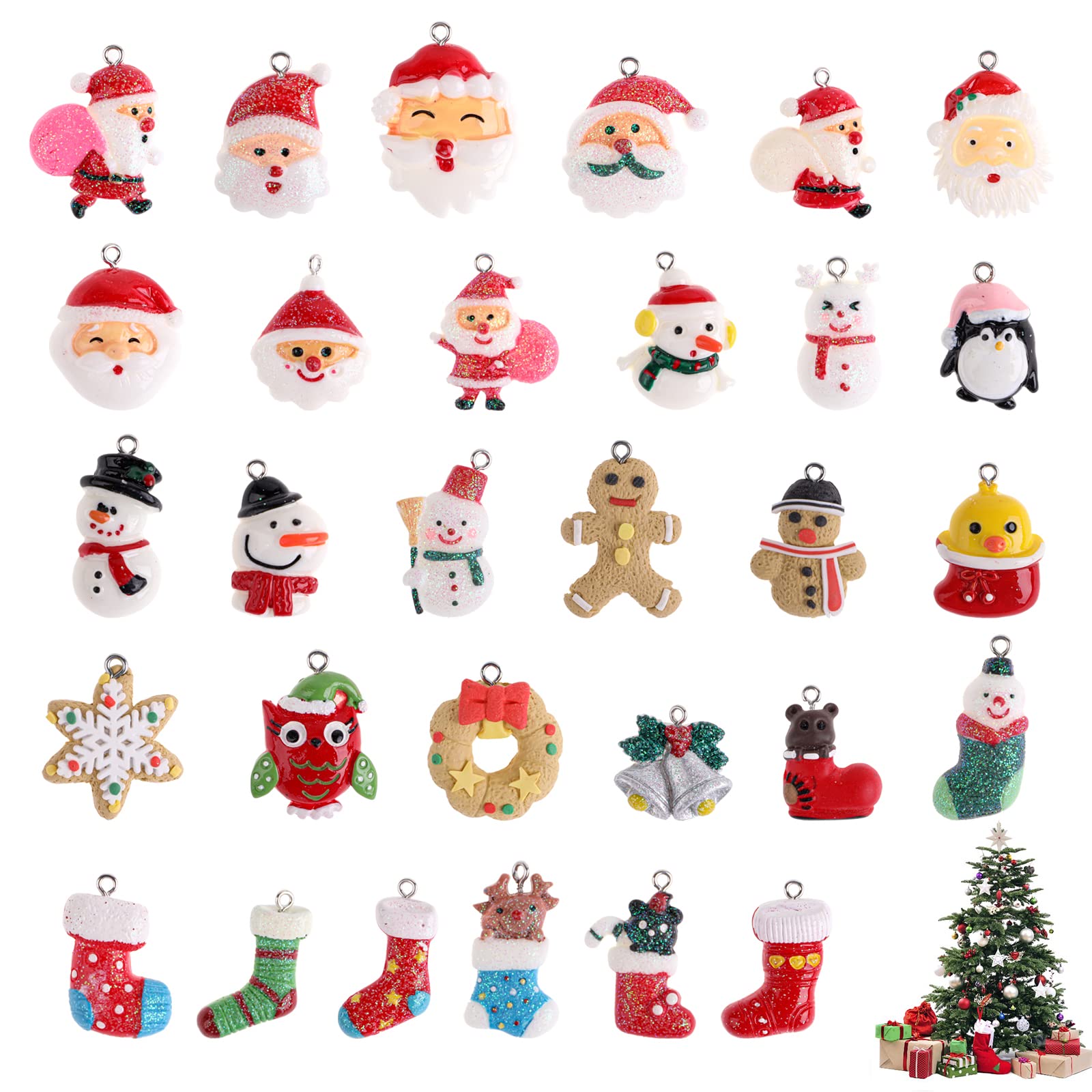 Hopton 30 Pcs Christmas Charm Pendant, 3D Resin Mini Christmas Ornaments, Mini Christmas Tree Decorations Assorted with Christmas Characters for DIY Crafts, Jewellery Making