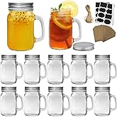 Maredash 16 oz Mason Jars with Handle,Old Fashioned Drinking Glasses with Chalkboard Labels and Silver Metal Lids,Glass Mugs for Party or Daily use,Set of 12.