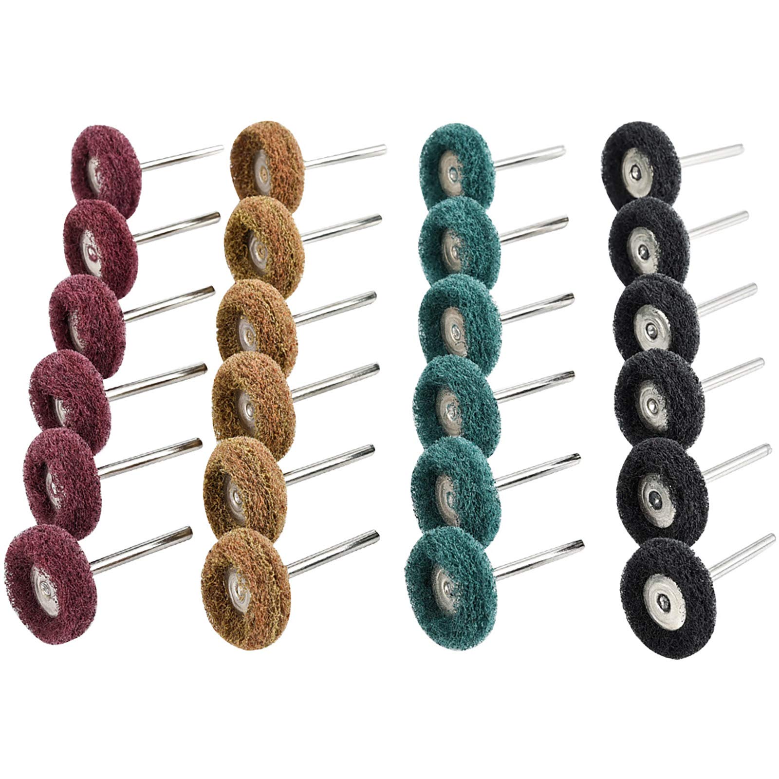 40 PCS 25 mm Abrasive Buffing Wheel, Polishing Accessories for Dremel Rotary Tools - Brown 80Grit /Green 150Grit /Red 240Grit /Black 300Grit, Scouring pad and Metal Shank