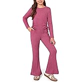 IIMMER Girls Fall 2 Piece Outfits Ruched Long Sleeve Tops & Cozy Rib-Knit Flared Pants With Side Pockets 3-12 Years