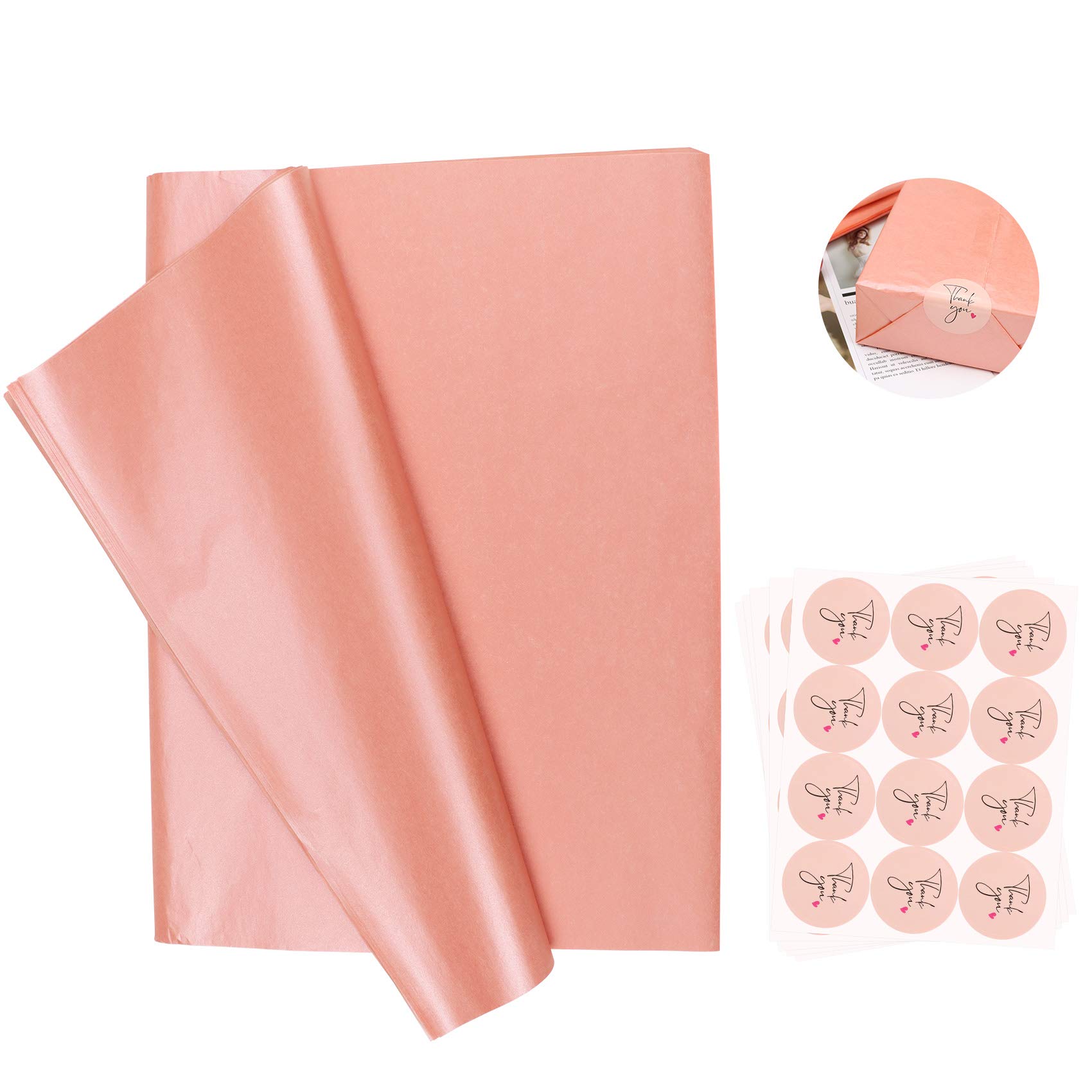 100 Sheets of Rose Pink Tissue Paper with 10 Sheets of 120pcs Thank You Sticker， Metallic Gift Wrapping Papers are Used for Gift Packaging, Decorate Wedding, Birthday Party, Christmas.