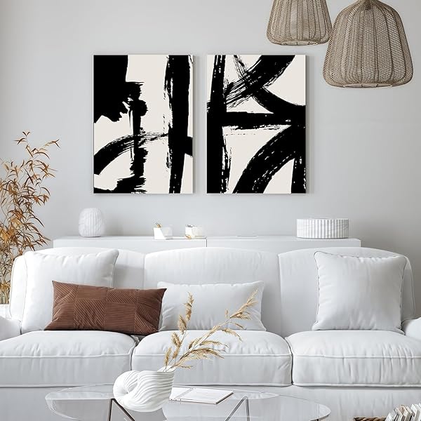 2PCS FRAMED ABSTRACT BLACK AND WHITE CANVAS WALL ART MINIMALIST BRUSHSTROKE LINE PRINTS MODERN HOME GALLERY STYLE PAINTING POSTERS PICTURE BEDROOM LIVING ROOM OFFICE 16X24 INCH READY TO HANG