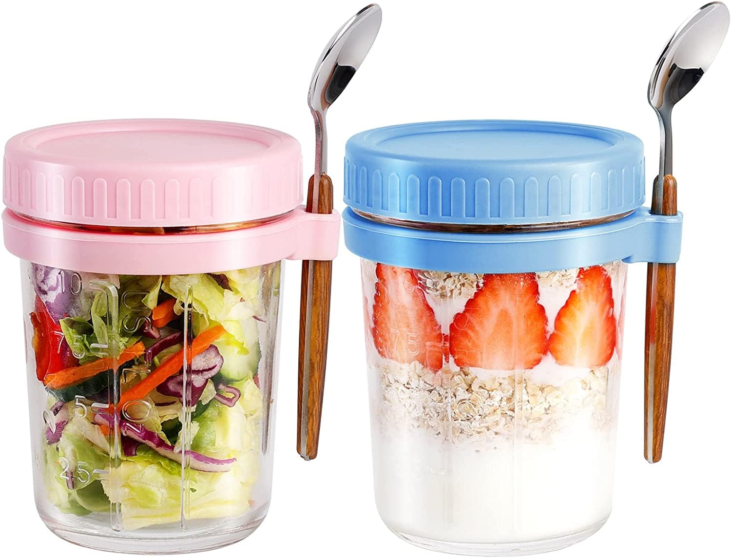 ALINK 2 Pack Overnight Oats Jars, Overnight Oats Container with Lid and Spoon, 10 oz Cereal, Milk, Vegetable and Fruit Salad Storage Container with Measurement Marks (Pink/blue)