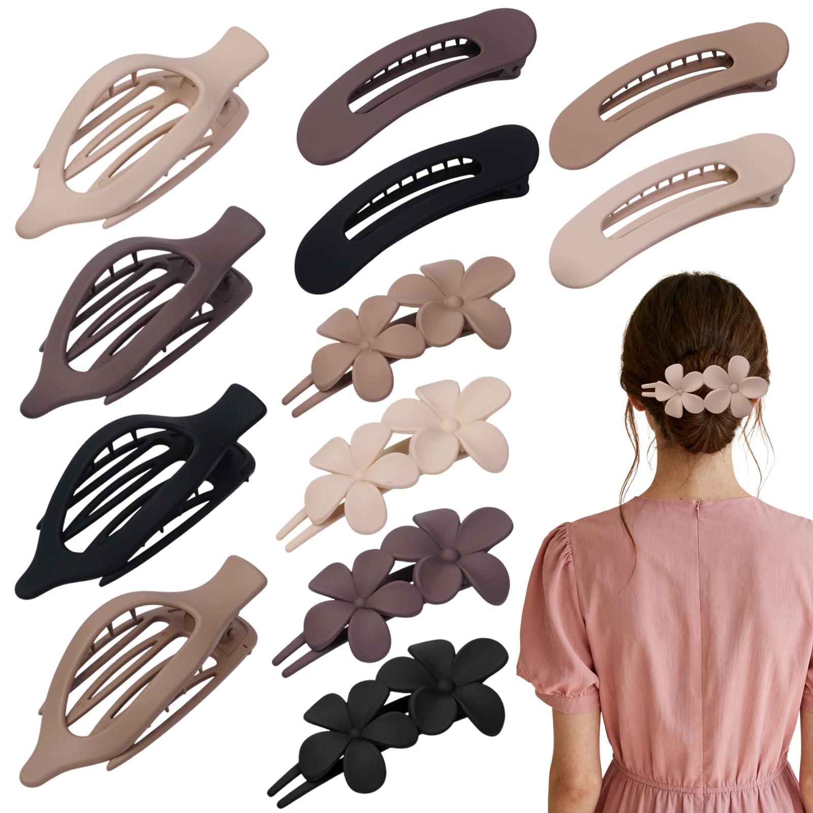 Photo 1 of 12 Pack Flat Hair Clips Set for Women –Matte Neutral Claw Clips, Flat Barrettes & Flower Hair Pins in Black, Blonde,Light Brown & Dark Brown, Strong Hold Styling Accessories for Thick & Thin Hair