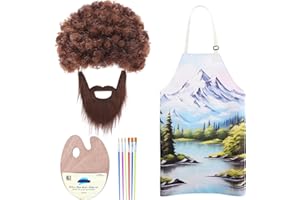 Kyson 80's Painter Costume 10 Pcs Brown Afro Wig Fake Whiskers Aprons Painting Brushes Set for Halloween Couple Cosplay