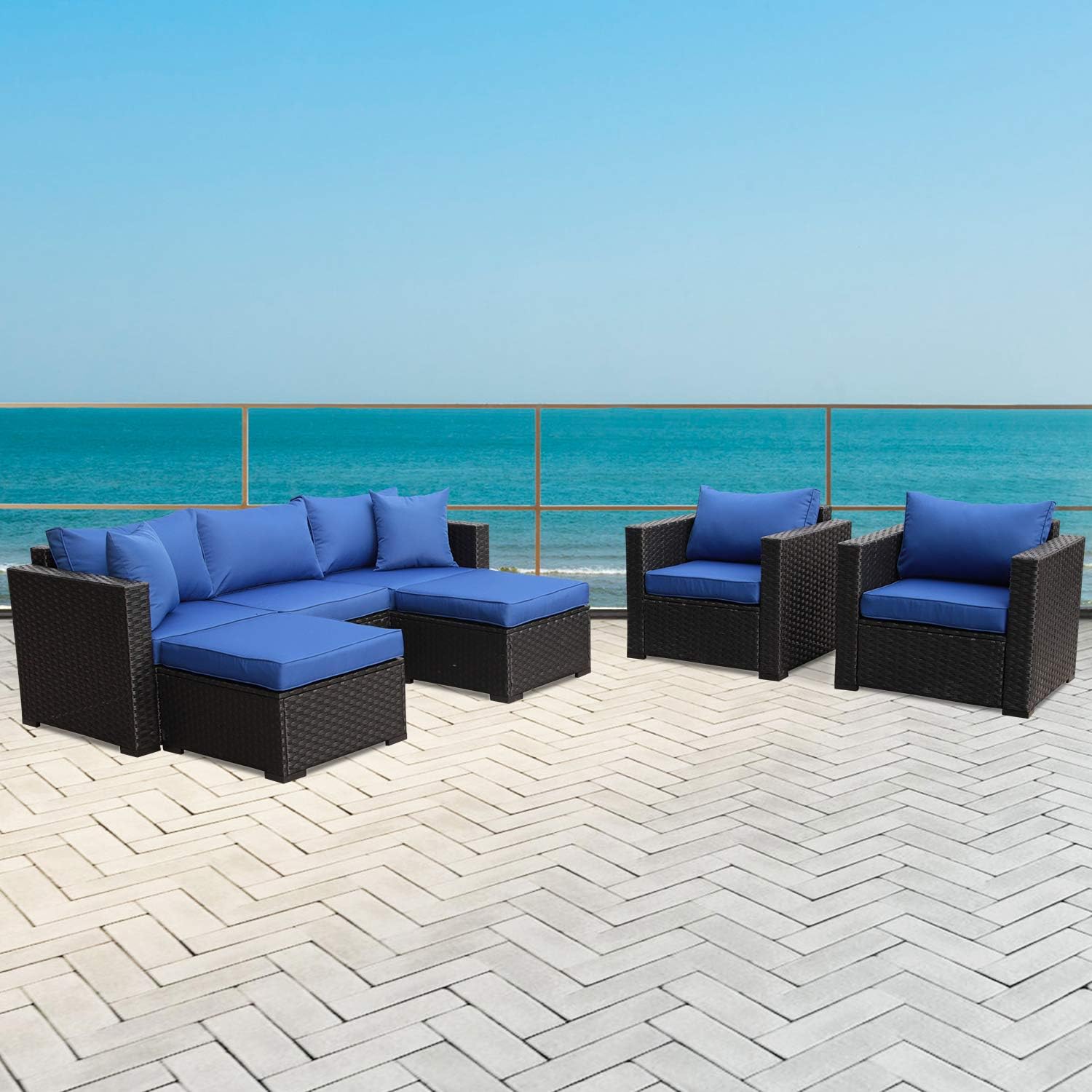 Rattaner Outdoor Wicker Sofa Set -5 Pice Patio PE Rattan Garden Sectional Conversation Cushioned Seat Couch Furniture Set Royal Blue Cushion: Garden & Outdoor