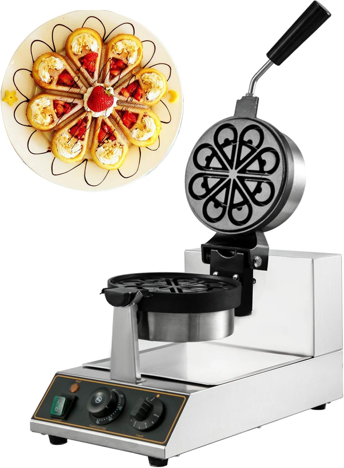 VBENLEM 110V Commercial Waffle Maker Nonstick 1100W Electric Rotated Muffin Machine Stainless Steel Temperature and Time Control Suitable for Restaurant Snack Bar Family, 1pcs Flower Shape, Sliver