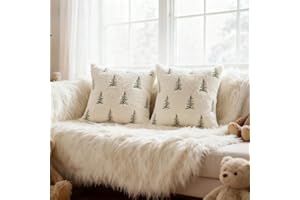 Decorative Winter Throw Pillow Covers 18 x 18, Faux Rabbit Fur Throw Pillows with Embroidered Tree 45x45cm Winter Couch Cover