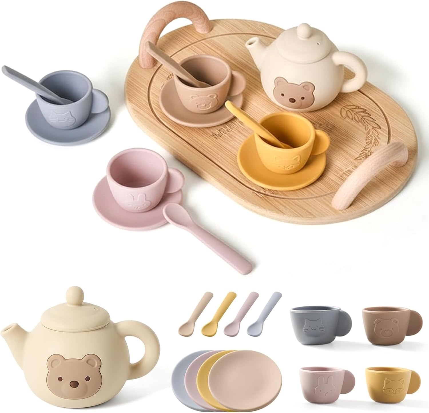 Tea Party Set, Tea Sets for Toddlers 3-5, Educational Party Set with Silicone Teapot, Cups, Coasters with Serving Spoon for Girls and Boys, Toddler