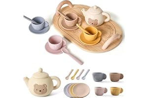 Tea Party Set, Tea Sets for Toddlers 3-5, Educational Party Set with Silicone Teapot, Cups, Coasters with Serving Spoon for G