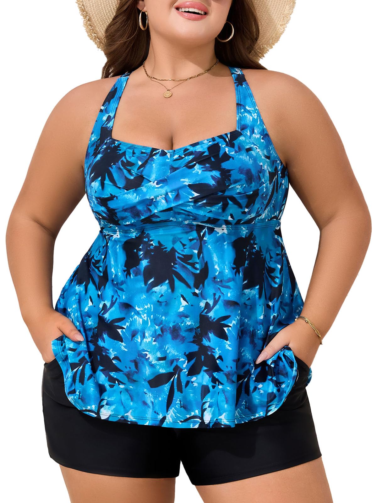 Photo 1 of Summer Mae Plus Size Tankini Swimsuits for Women Two Piece Bathing Suit with Pockets Shorts Tummy Control Swimwear Tie-dye Green Leaves 24 Plus