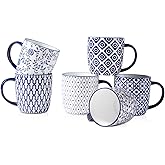 Cerkik Ceramic Coffee Mugs Set - 10 OZ Large Porcelain Tea Cups with Handle for Cappuccino Latte Cocoa Milk Tea - Christmas Housewarming Gift - Microwave Dishwasher Safe - Set of 6 - Vintage Blue