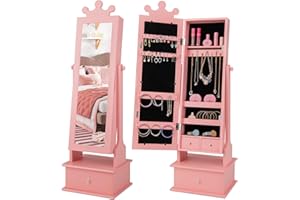 Costzon Kids Jewelry Armoire Cabinet, 45” Standing Jewelry Organizer with Full-Length Mirror, 3 Storage Drawers, Kids Vanity Dress Up Mirror Jewelry Cabinet for Girls (Pink)