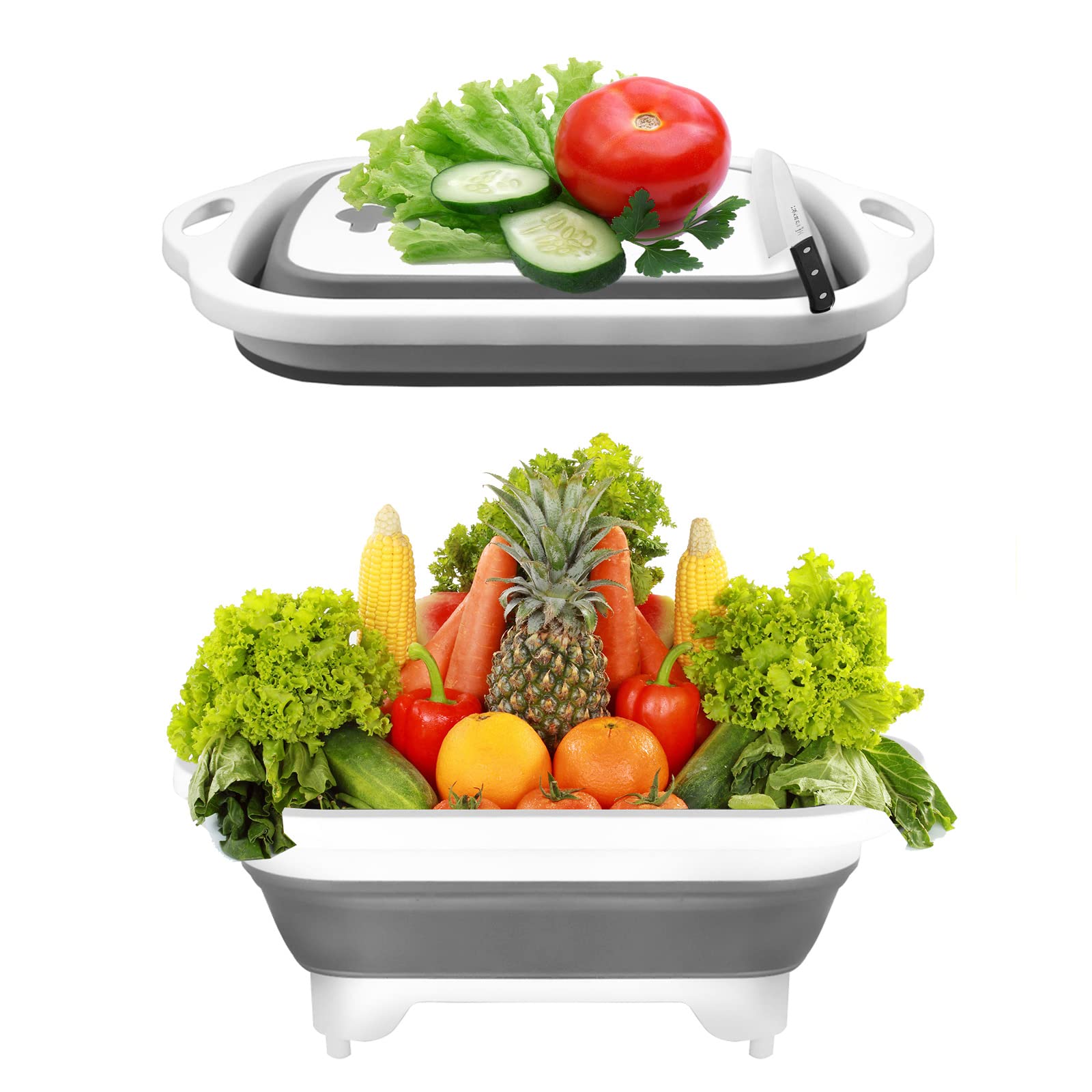 SEMSOIIO Collapsible Cutting Board,Collapsible Sink/Foldable Dish,Foldable Camping Dishes Space Saving - Multifunctional Kitchen Vegetable Washing Basket Silicone Dish Tub for BBQ (1PCS-Grey)