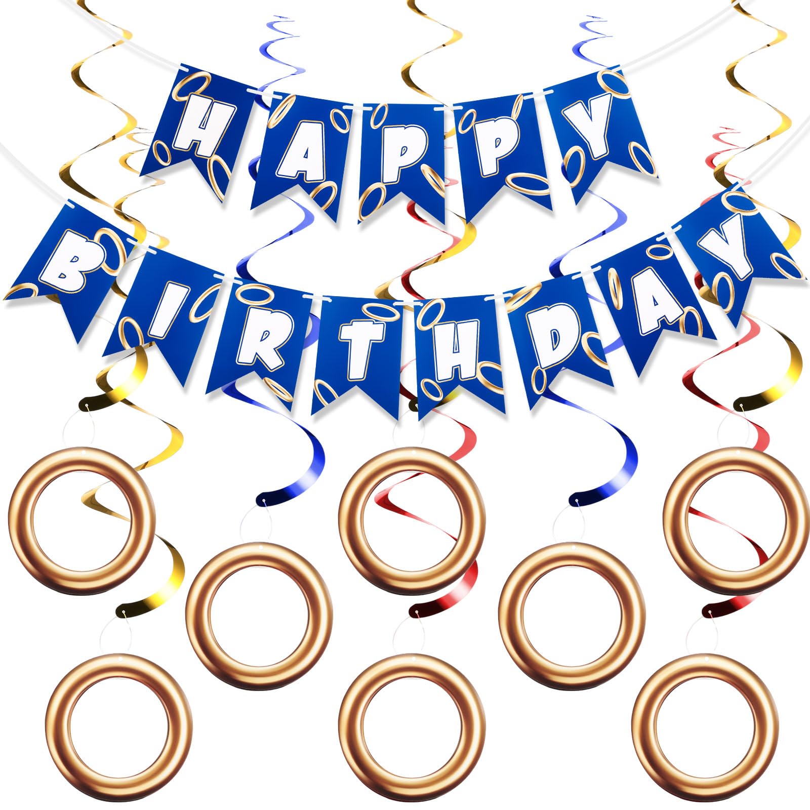 Photo 1 of Epakh Blue Gold Birthday Banner with 8 Pcs Ring Hanging Swirl Decorations Cartoon Print Themed Happy Birthday Party Supplies for Family Celebrations Home Decor