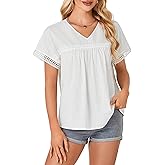 Rooscier Women's V Neck Lace Crochet Shirt Eyelet Short Sleeve Casual Blouse Shirt Top