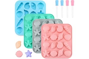 Koceci 4PCS Seashell Mold, Ocean Themed Shell Silicone Mold, Fondant Molds Gummy Candy Molds with 4 Droppers for DIY Handmade