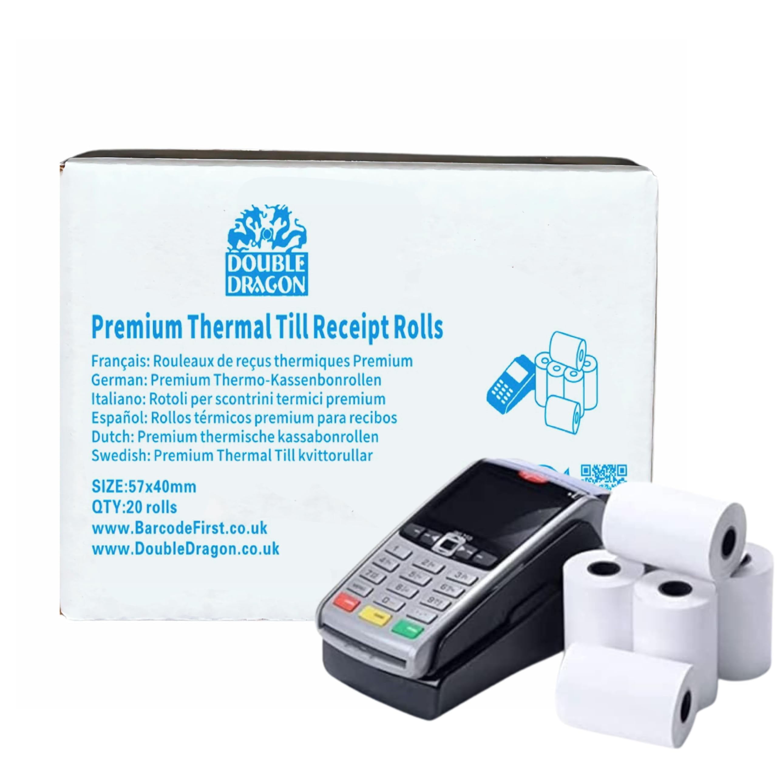 Double Dragon Premium Thermal PDQ Credit Card Machine Till Roll Receipt Paper | 57 x 40mm | 12.7mm Core | Compatible with Ingenico, Spire Payments, Pax, Verifone V240M Card Machines (100 Rolls)