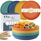 Wrova Large Wheat Straw Dinner Plates - 11 Inch Unbreakable Big Set of 8 - Dishwasher & Microwave Safe Plastic Plates - Deep Edge for Kitchen & Camping (Colorful)