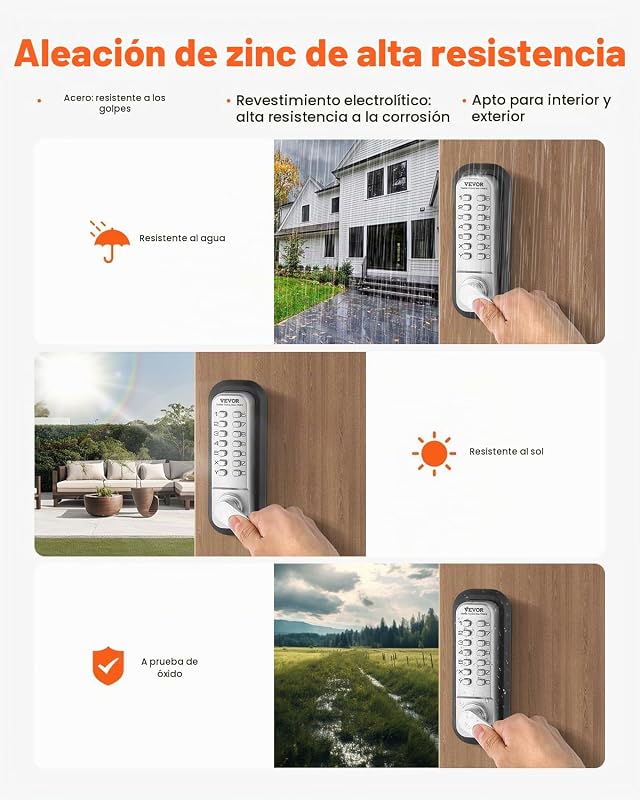 Cerradura de Combinación Mecánica con Teclado de Una Cara 14 Teclas, Cerradura de Puerta sin Llave con Manija Adecuado para Puertas de 35 a 65 mm de Grosor para Oficina, Patio, Plateado