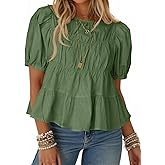 Tankaneo Womens Puff Sleeve Peplum Babydoll Tops Summer Smoked Pleated Cotton T-Shirts Casual Loose Fit Flowy Blouse