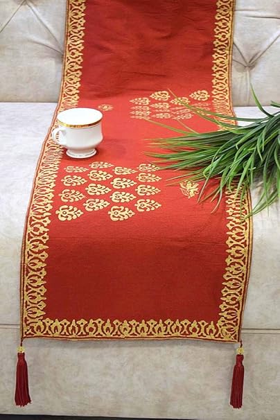 Royal DecoFurnishing Hand Block Printed Ethnic Silk Dining/Coffee/ Center Table Runner - 90x13Inches, Red