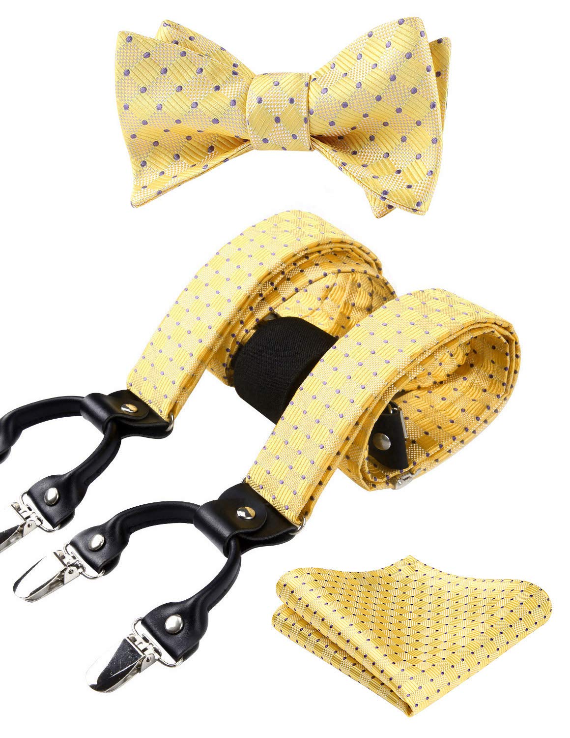 HISDERNBow tie and Suspenders for Men Plaid Suspender Self Bowtie Pocket Square Adjustable Y Shape Mens Trouser Braces