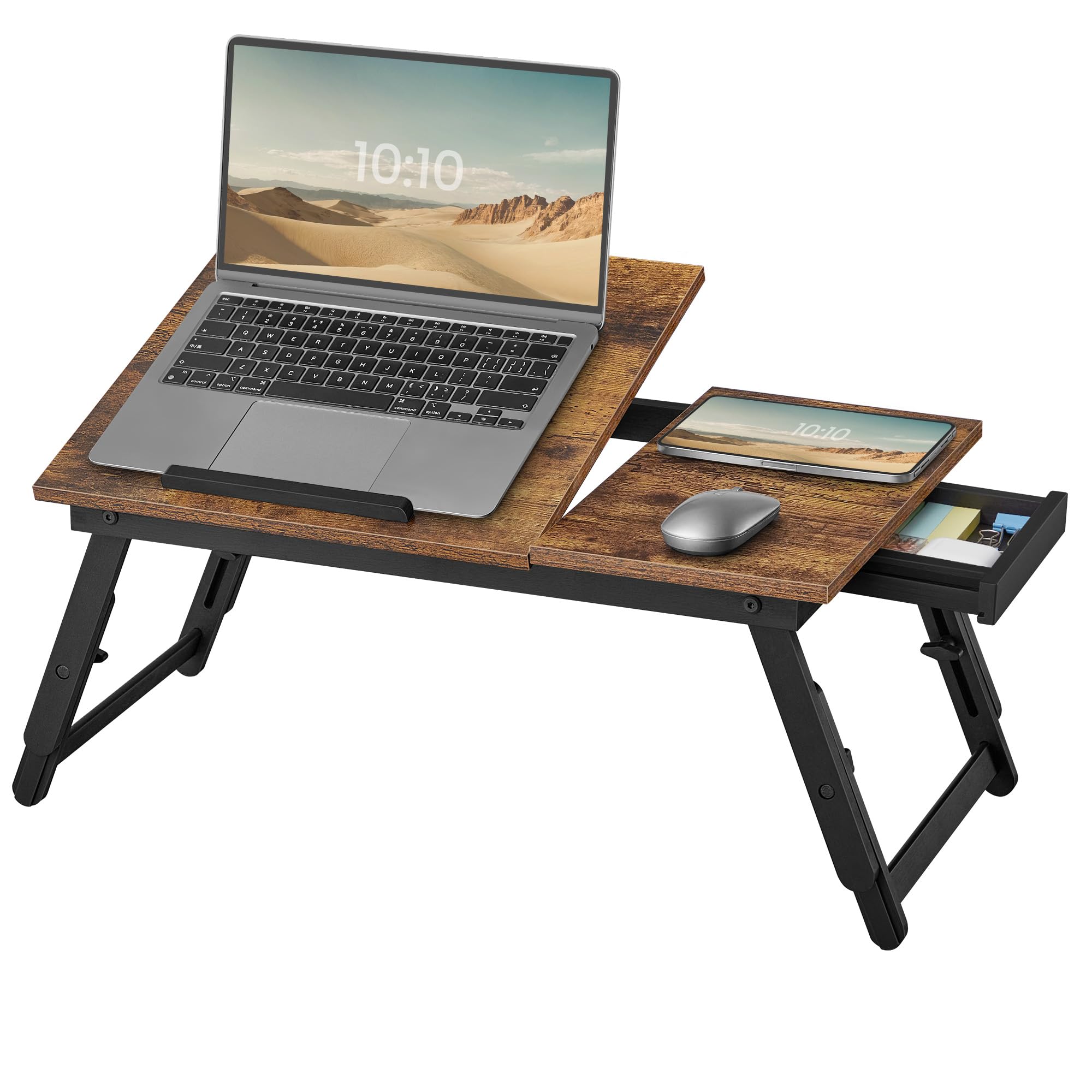 SONGMICS Bed Laptop Table, Bed Desk with Adjustable Angle and Height, Foldable Stand for Laptop up to 15.6 Inches, for Working Reading Breakfast, Bamboo Legs, Drawer, Rustic Brown LLD105B01