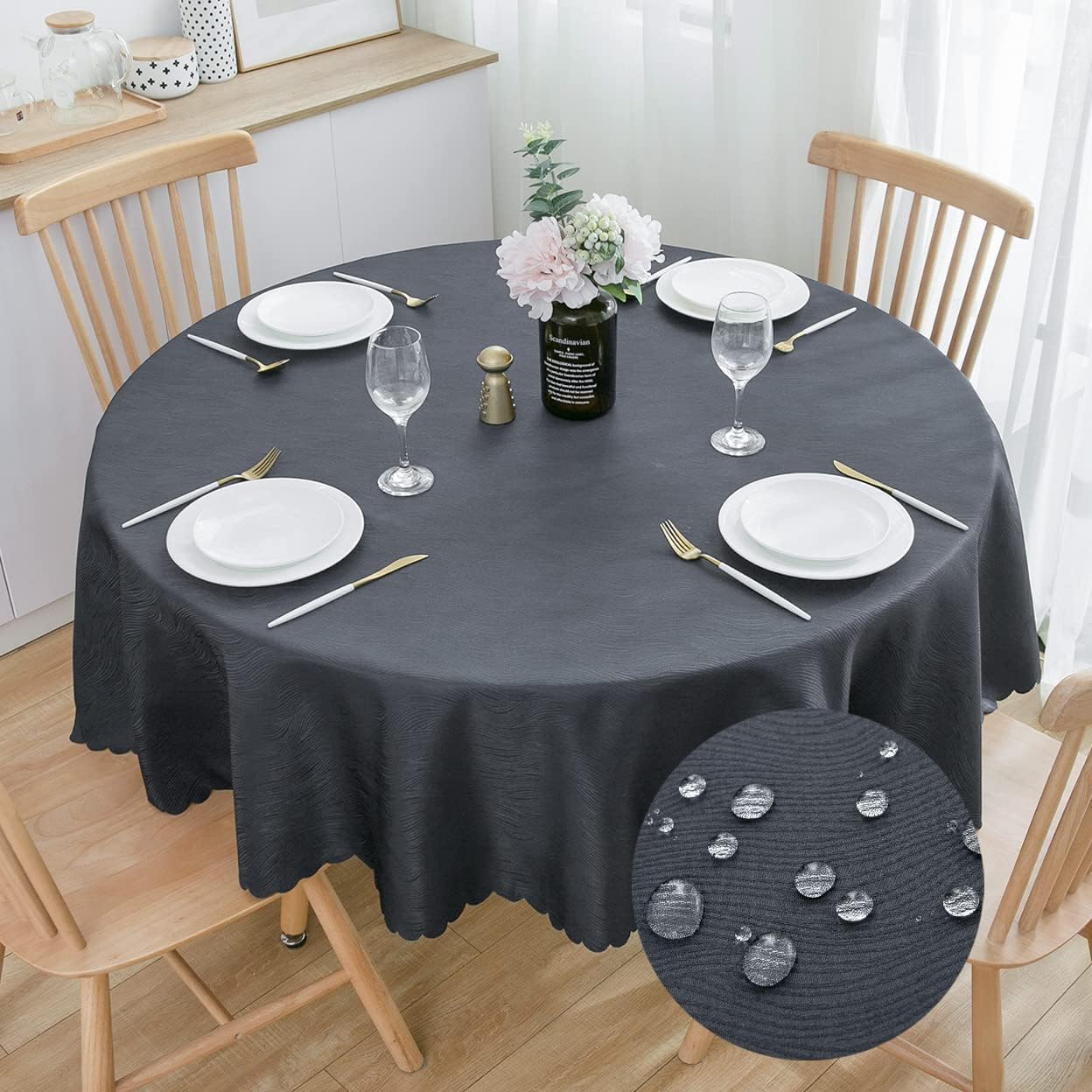 SPRICA Round Jacquard Tablecloth Water Resistance Solid Colour Heavy Weight Soft Table Cover, Machine Washable, Diameter 160cm,Dark Grey