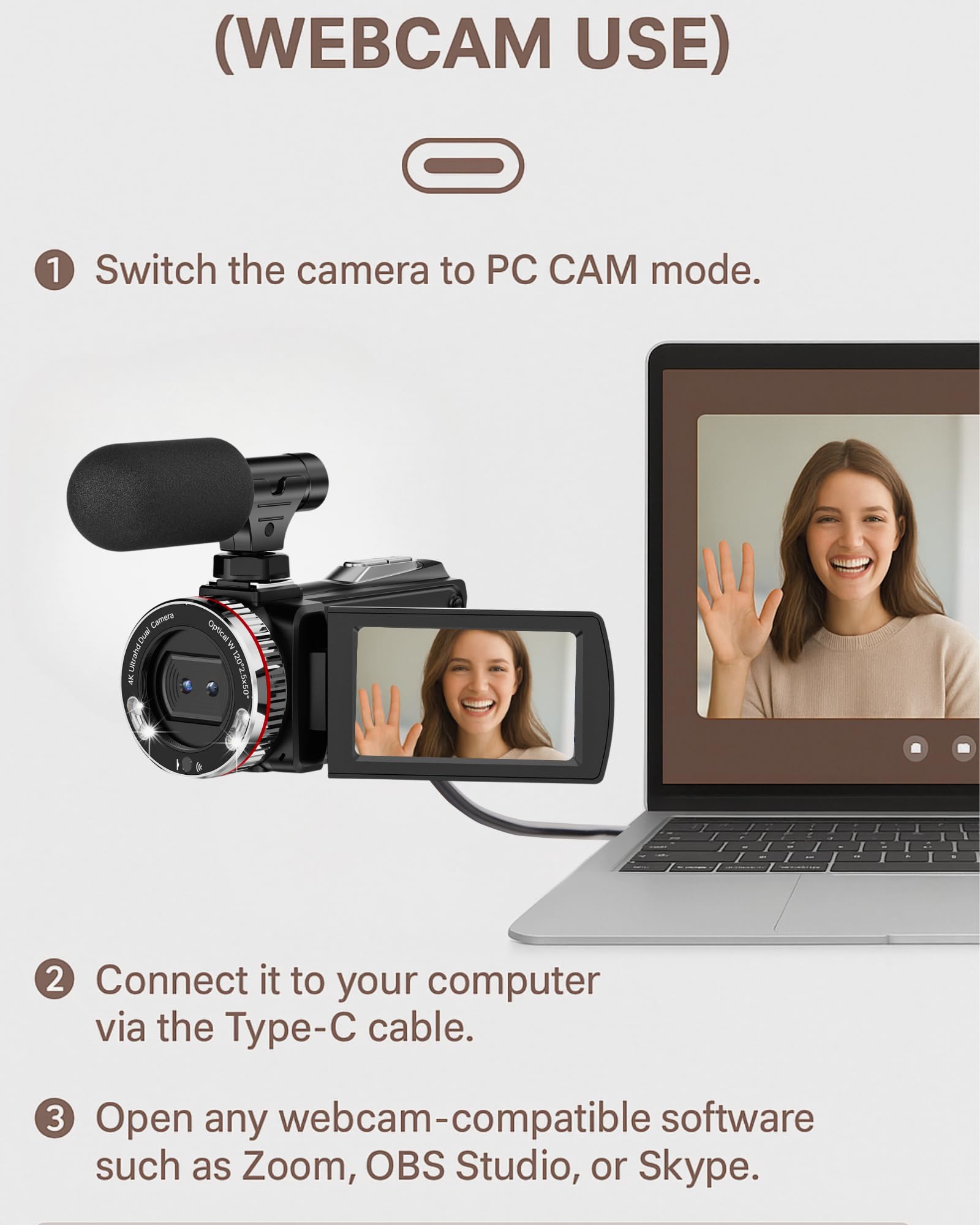 ZIMOCE 4K 60FPS Video Camera Camcorder with HDMI Cable, 48MP Vlogging Camera for YouTube, Dual Lens Camera Recorder, 21X Zoom Rotatable Screen Video Recorder with Mic, 2 Batteries &64GB Card (Small)