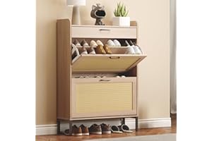 Airynee Rattan Shoe Storage Cabinet with 2 Flip Drawers and 1 Drawer, Narrow Freestanding Shoe Cabinet for Entryway, Slim Hidden Shoe Organizer Cabinet with Metal Legs for Hallway Living Room, Bedroom