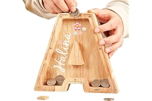 Personalized Wooden Piggy Bank for Kids, Custom Bank with Name,Letters Starting with A-Z,Transparent Wooden Letter Coin Box D