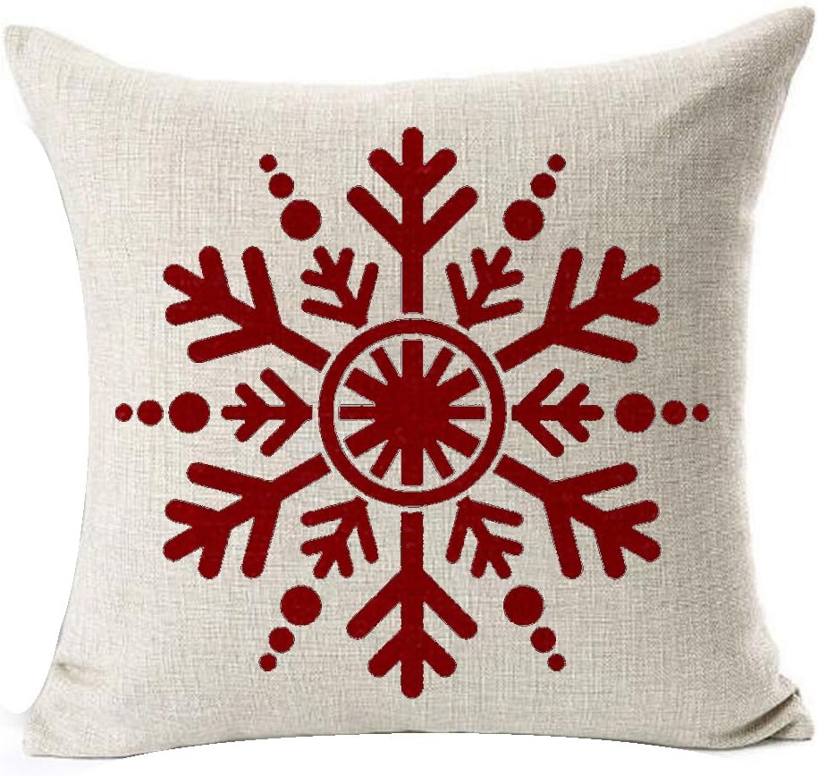 Cotton Linen Happy Holidays Scandinavian Modern Red Snowflake Pattern Merry Pillow Case Cushion Cover Decorative Bedroom Living Room