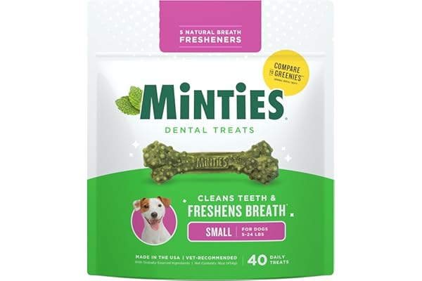 Minties Dog Dental Bone Treats, Tiny/Small Dental Dog Treats, 16 Ounces, Cleans Teeth, Fight Bad Breath, Removes Plaque and Tartar, 40 Count