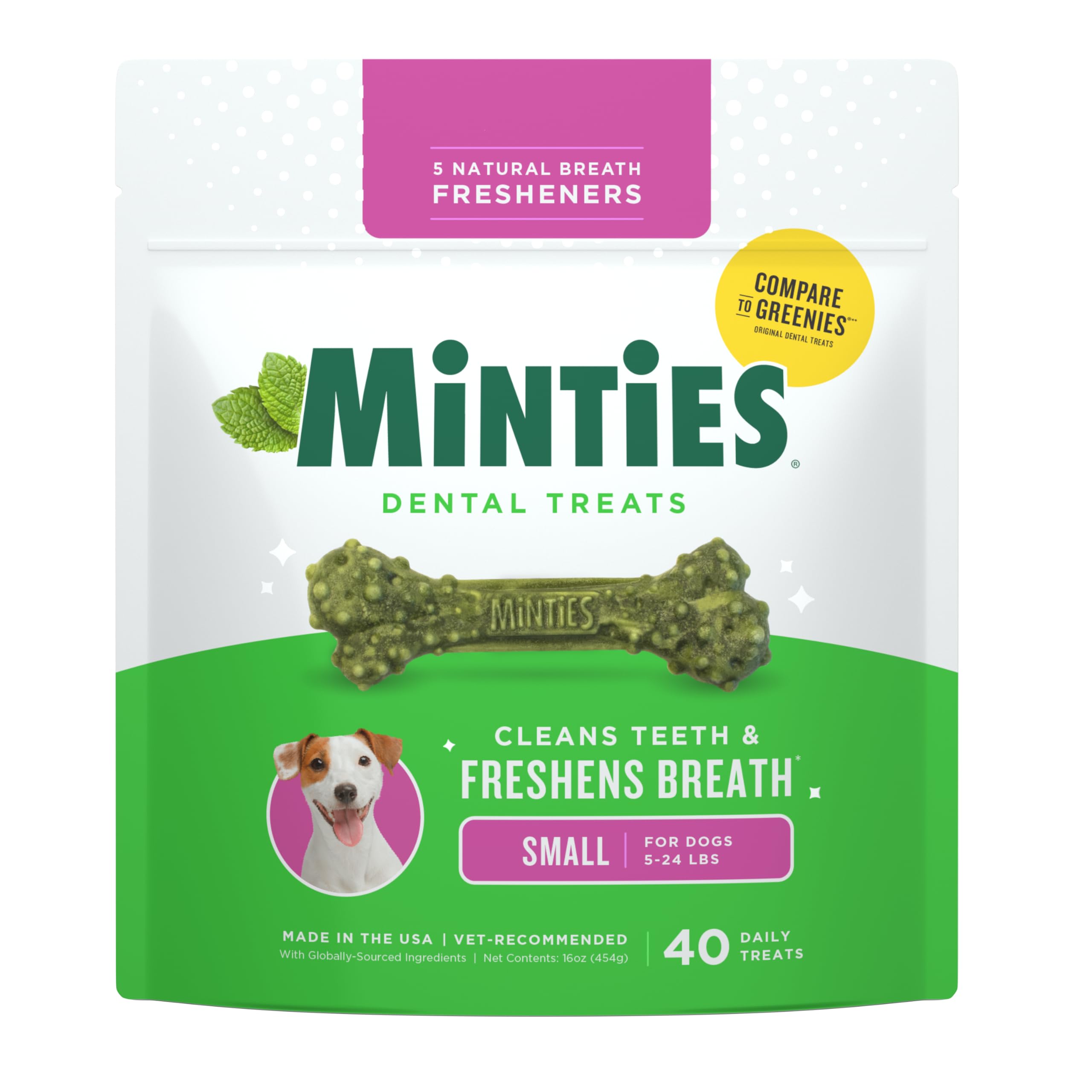 Photo 1 of *6/17/2027* Minties Dental Chews for Dogs, 40 Count, Vet-Recommended Mint-Flavored Dental Treats for Tiny/Small Dogs 5-24 lbs, Dental Bones Clean Teeth, Fight Bad Breath, and Removes Plaque and Tartar