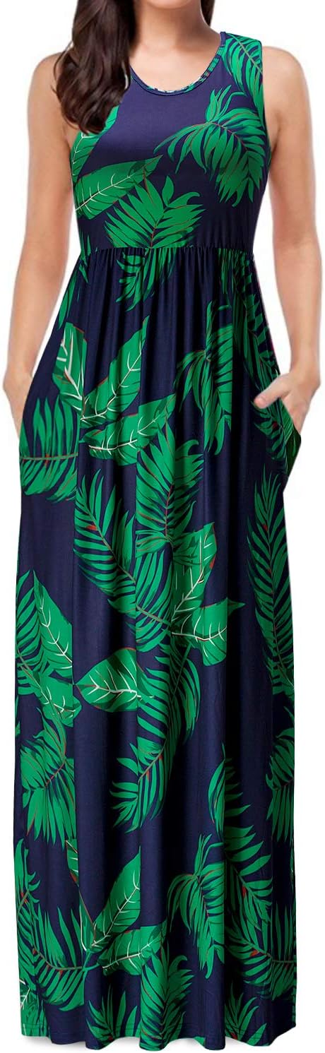 Mulysaa Women's Sleeveless Floral Print Maxi Dress Tank Top Casual Long Dresses with Pockets Green 1 M