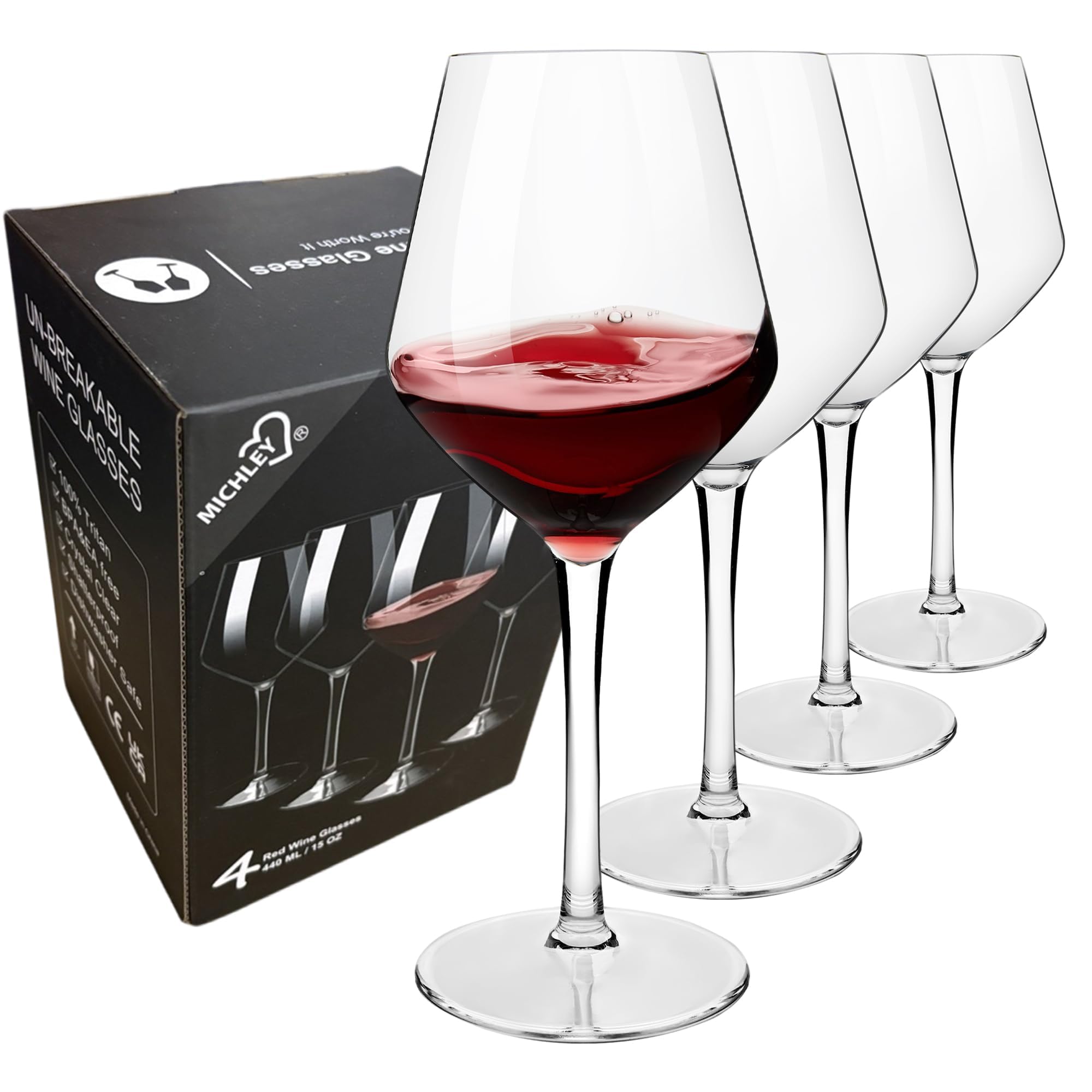 COOKY.D Large Tritan-Plastic Red Bordeaux Wine Glasses 15oz, Unbreakable Long Stemmed Glassware for Party, Birthday, Dishwasher Safe, BPA Free, Set of 4