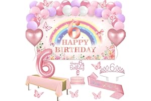 6th Birthday Decorations Girl, 47pcs Rainbow Flowers Banner, Tablecloth, Butterfly Decor, 6th Birthday Sash and Tiara, Cake T
