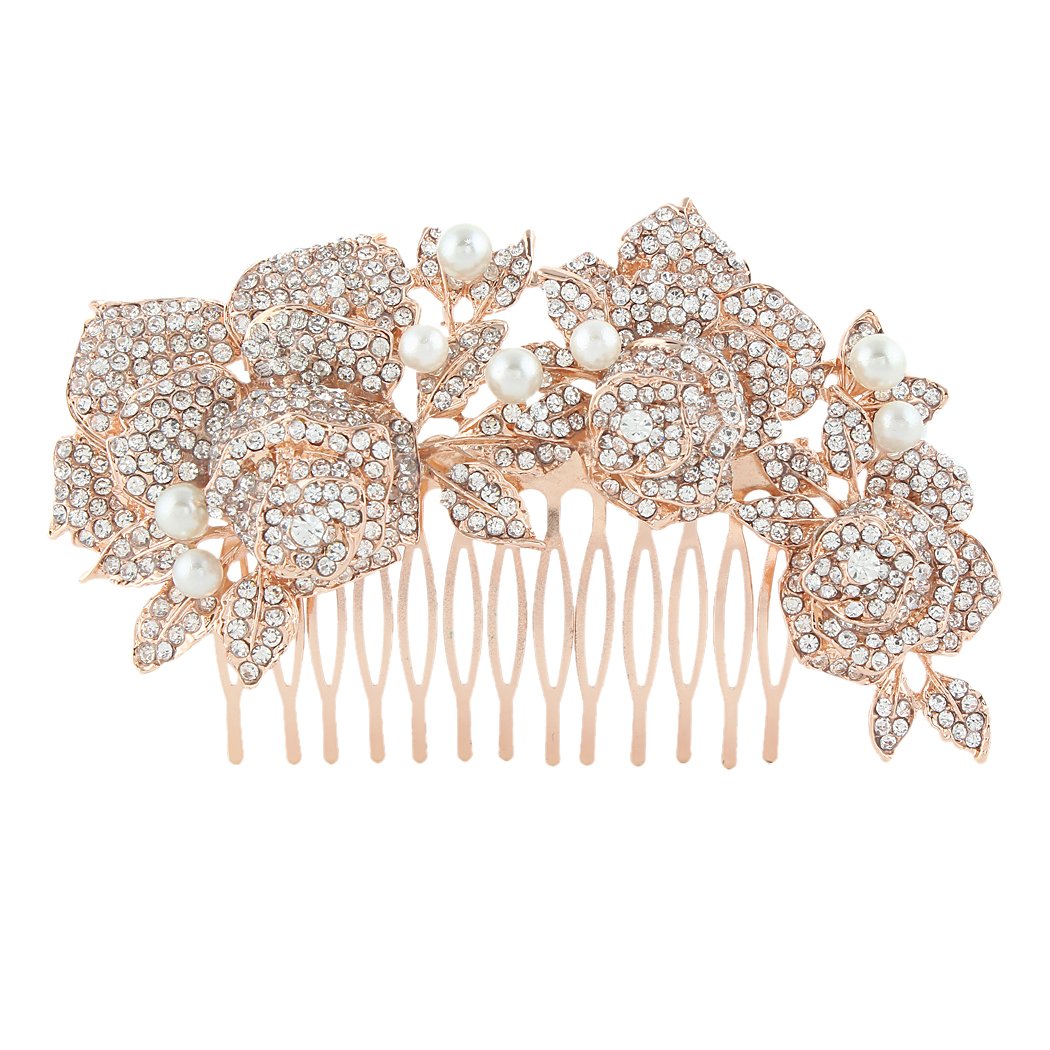 EVER FAITH Crystal Cream Simulated Pearl 4.6 Inch Rose Flower Leaf Hair Comb Clear Rose Gold-Tone