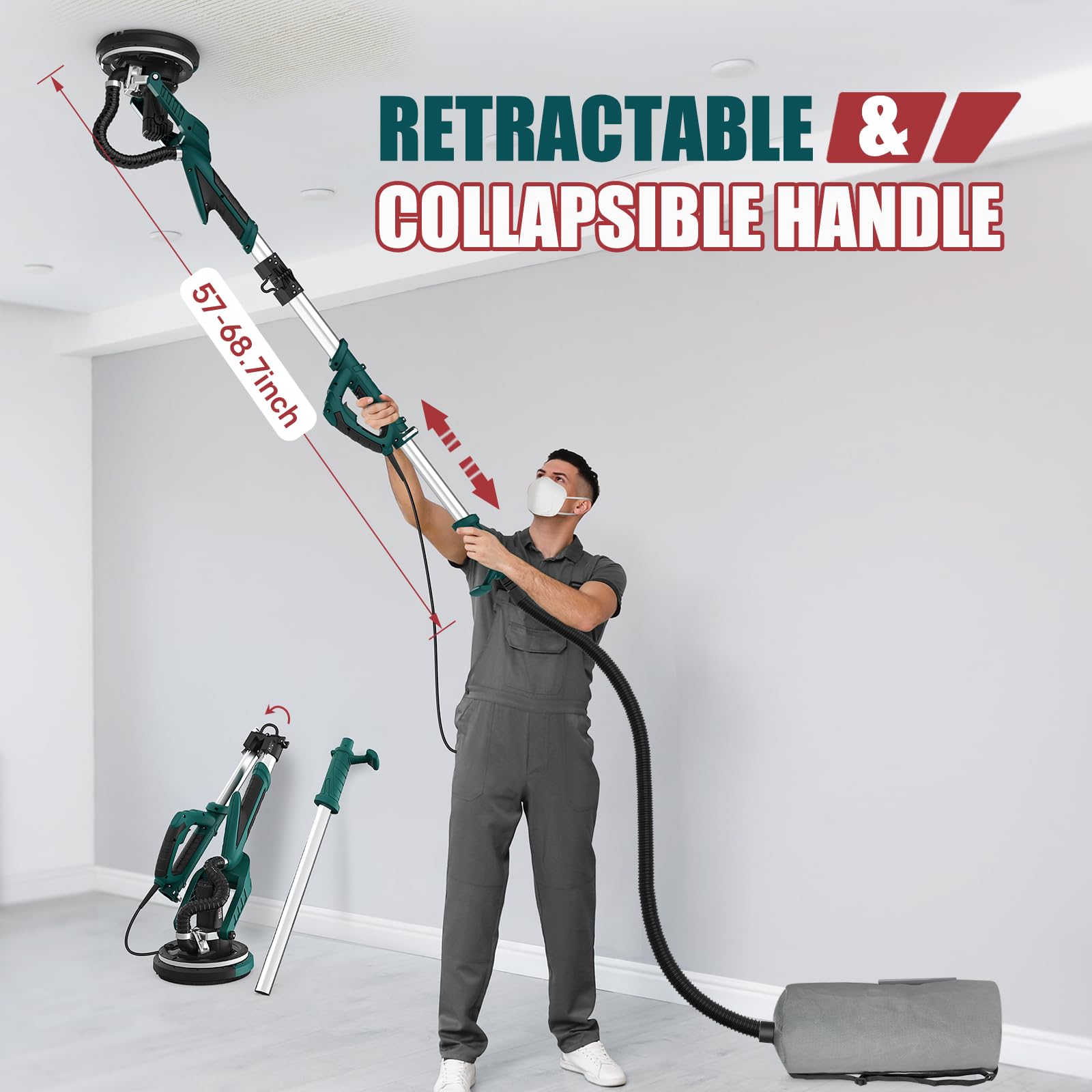 NEU MASTER Drywall Sander, Electric Drywall Sander Variable Speed Popcorn Removal Tool with Vacuum, 900-1800RPM Foldable Ceiling Sander with 12 Sanding Discs, LED Light, Extendable Handle, Dust Bag