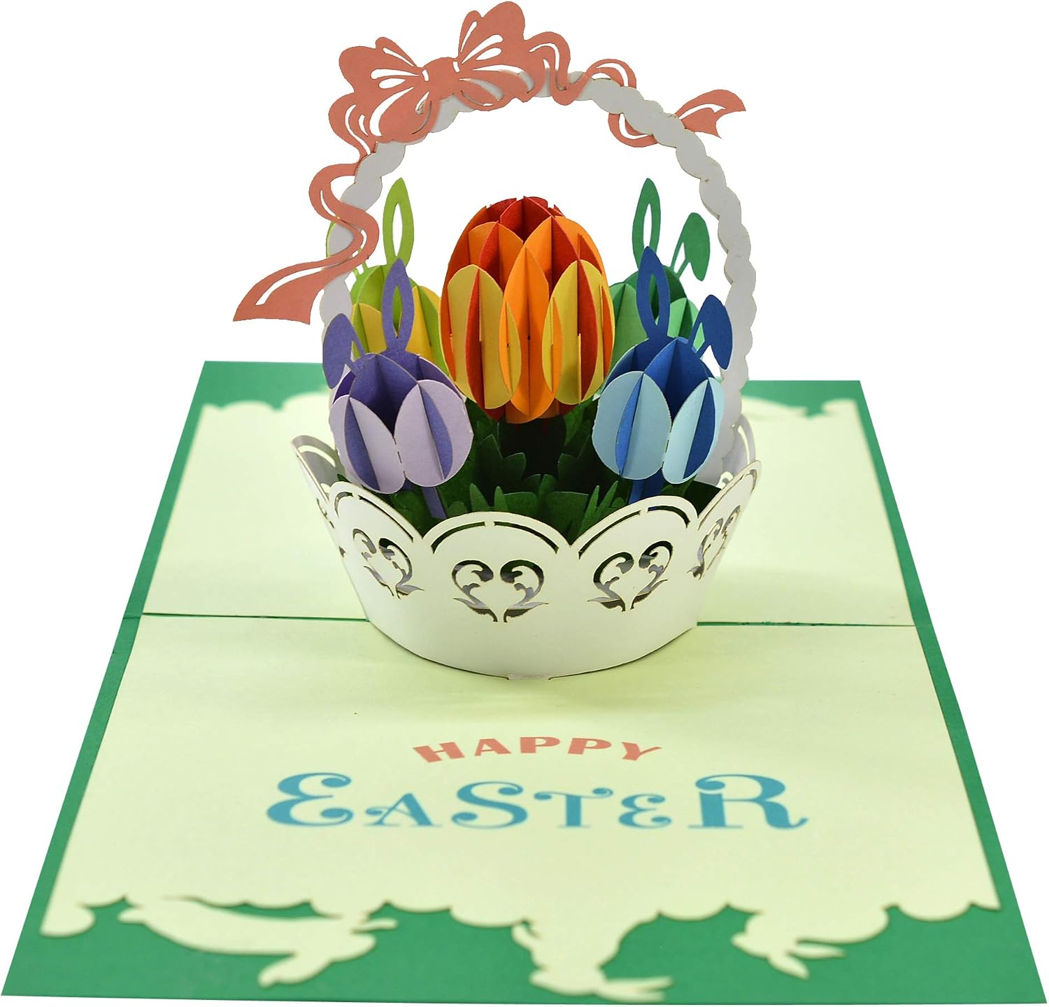 Happy Easter Bunny Basket Pop Up 3D card. Colourful Spring Collection. A Delightful surprise easter greeting card gift for Kids Children